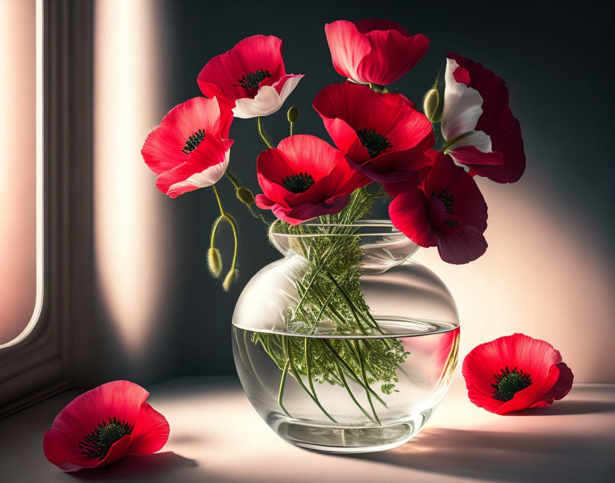 Round glass vase with vibrant red poppies in sunlight by window