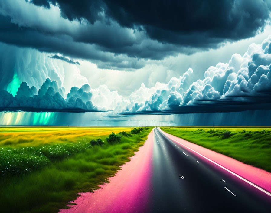 Vibrant road splitting lush green field under dramatic sky