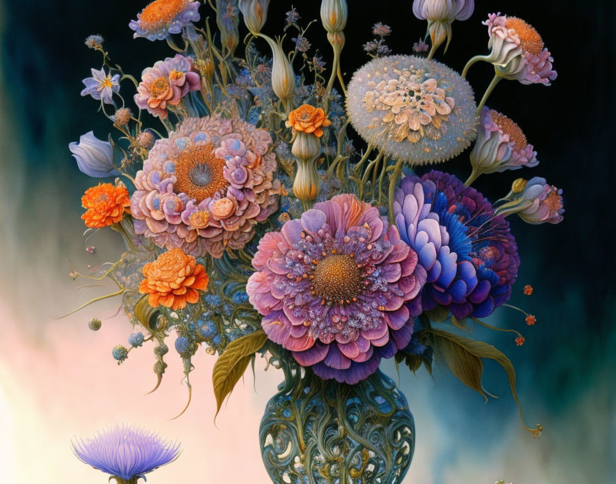 Colorful bouquet of flowers in ornate vase on dreamlike backdrop