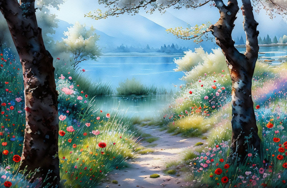 Tranquil lakeside pathway with blooming flowers and mountains