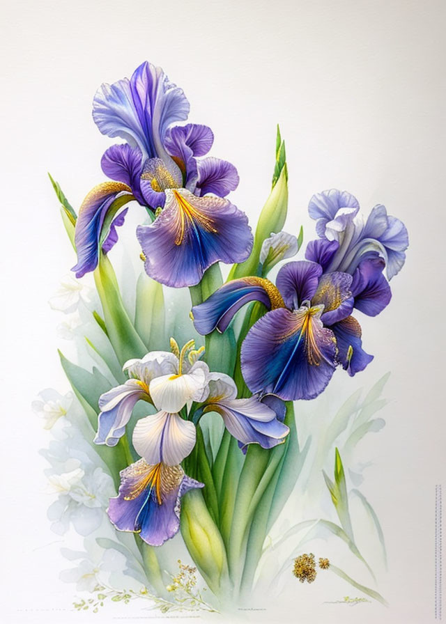 Detailed illustration of vibrant blue and purple iris flowers with white accents.