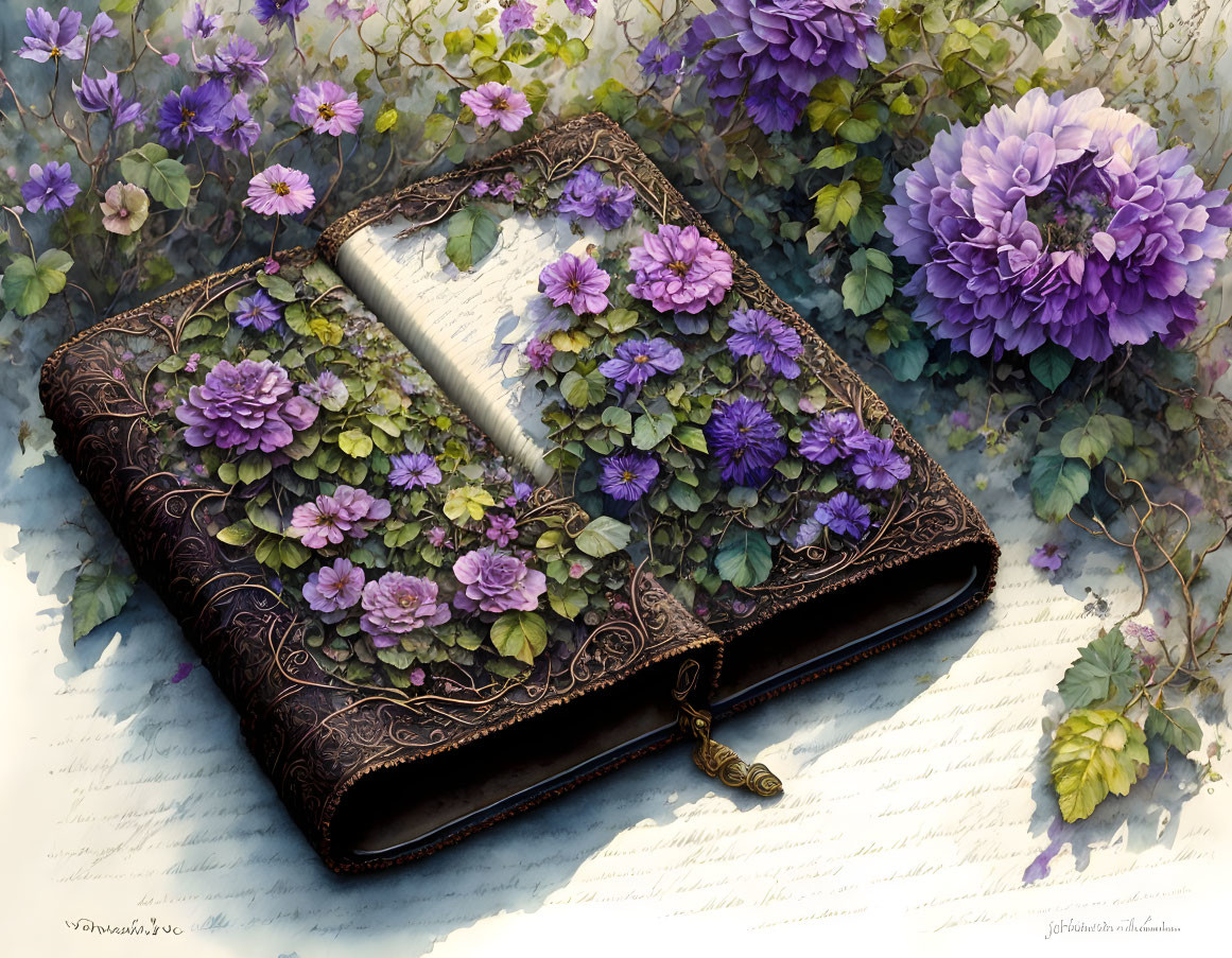 Ornate Journal with Purple Flowers, Green Vines, Golden Clasp, and Bookmark