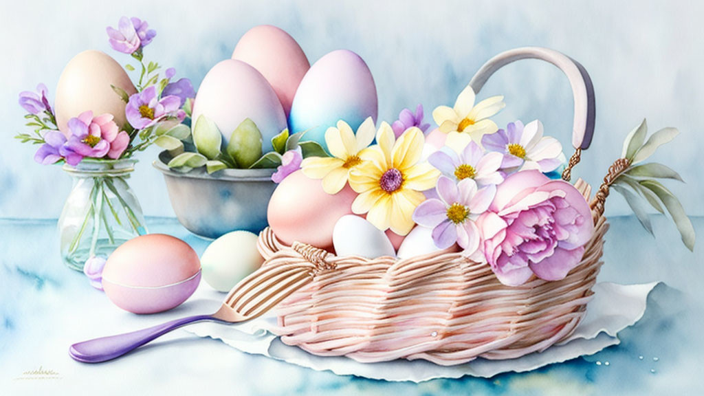 Pastel-colored Easter eggs in wicker basket with spring flowers.