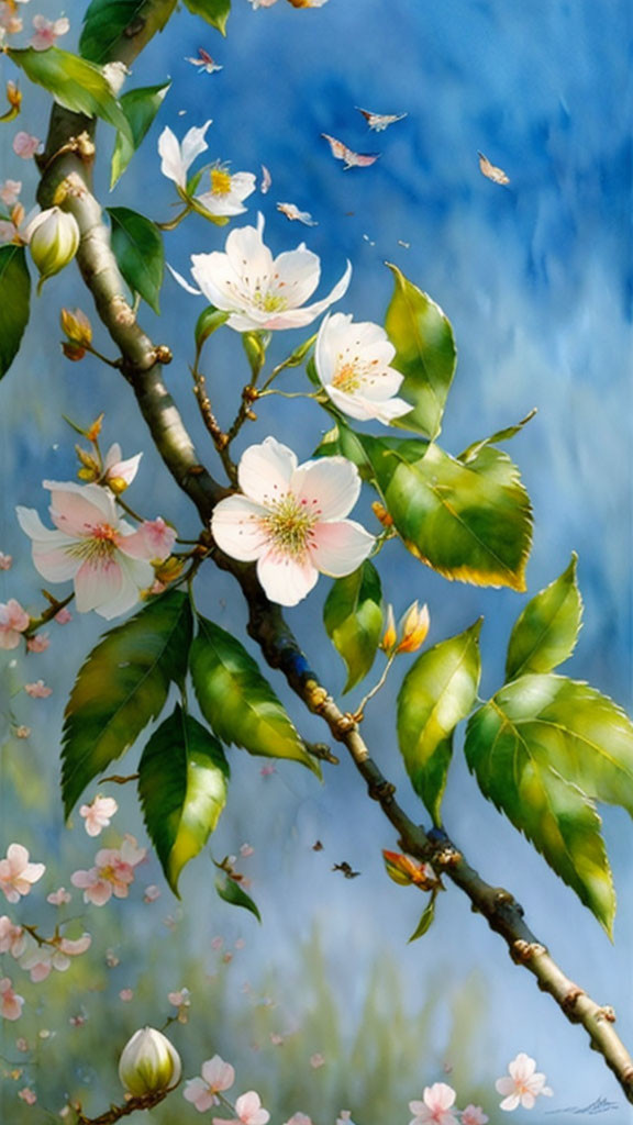 Tree branch with green leaves, white blossoms, petals in air, and insects against blue sky.