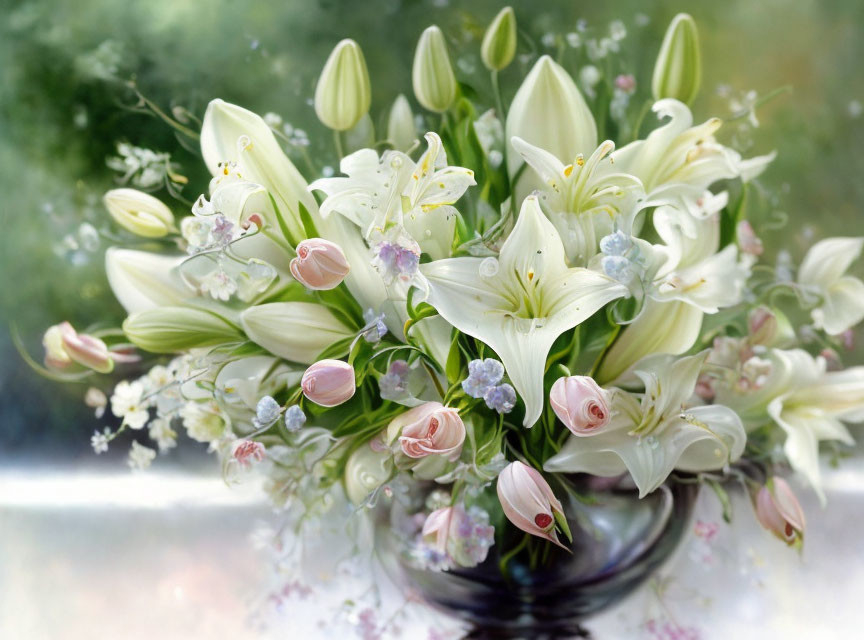 White Lilies, Pink Roses, and Blue Flowers Bouquet on Soft Background