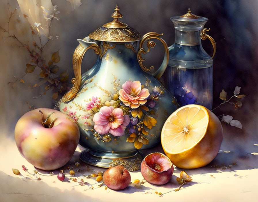 Floral-patterned porcelain teapot with fruits on soft background