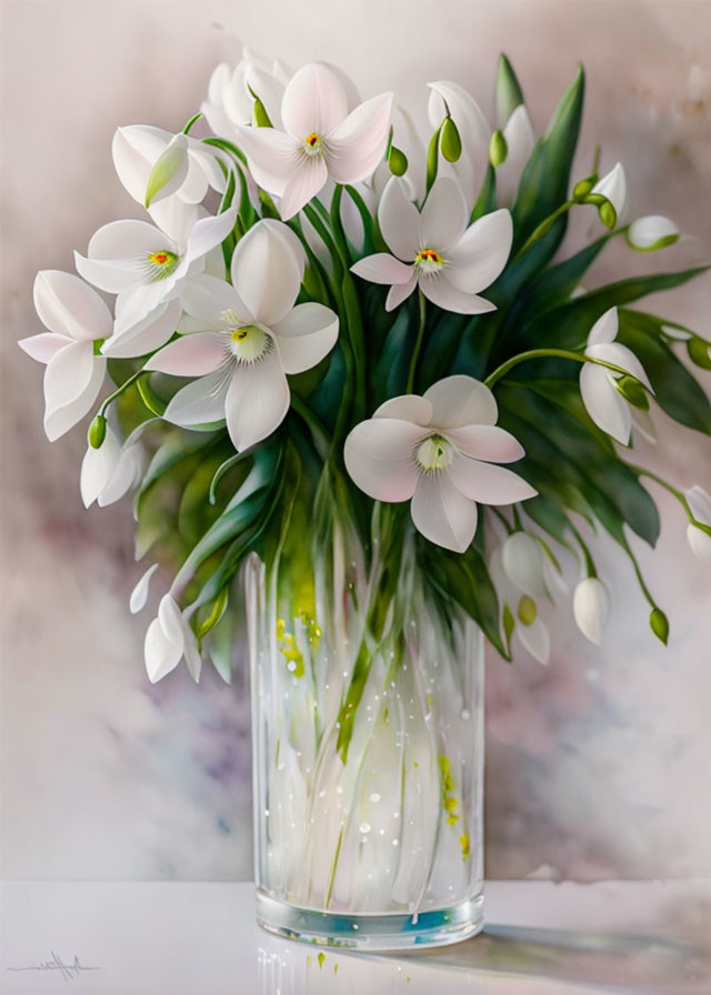 White Flowers with Yellow Centers in Clear Glass Vase on Blurred Background