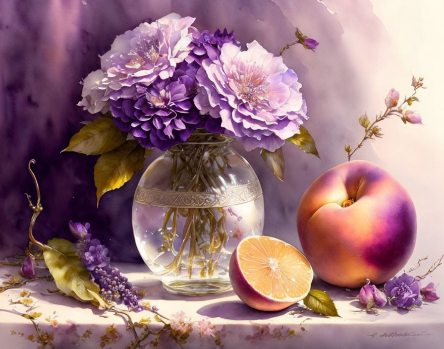 Purple Flowers, Peach, Orange, and Small Flowers in Still Life Painting