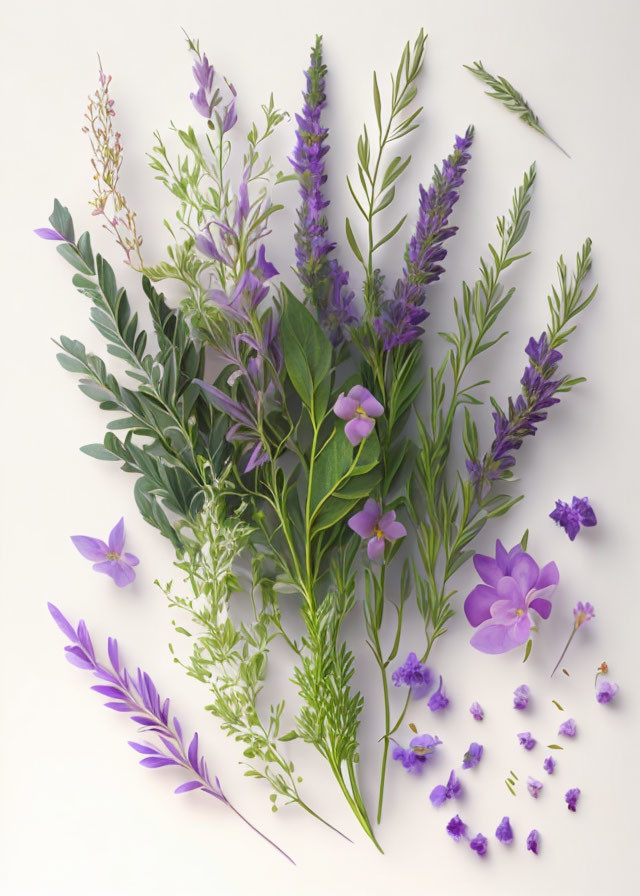 Purple Flowers and Green Leaves Composition on Light Background