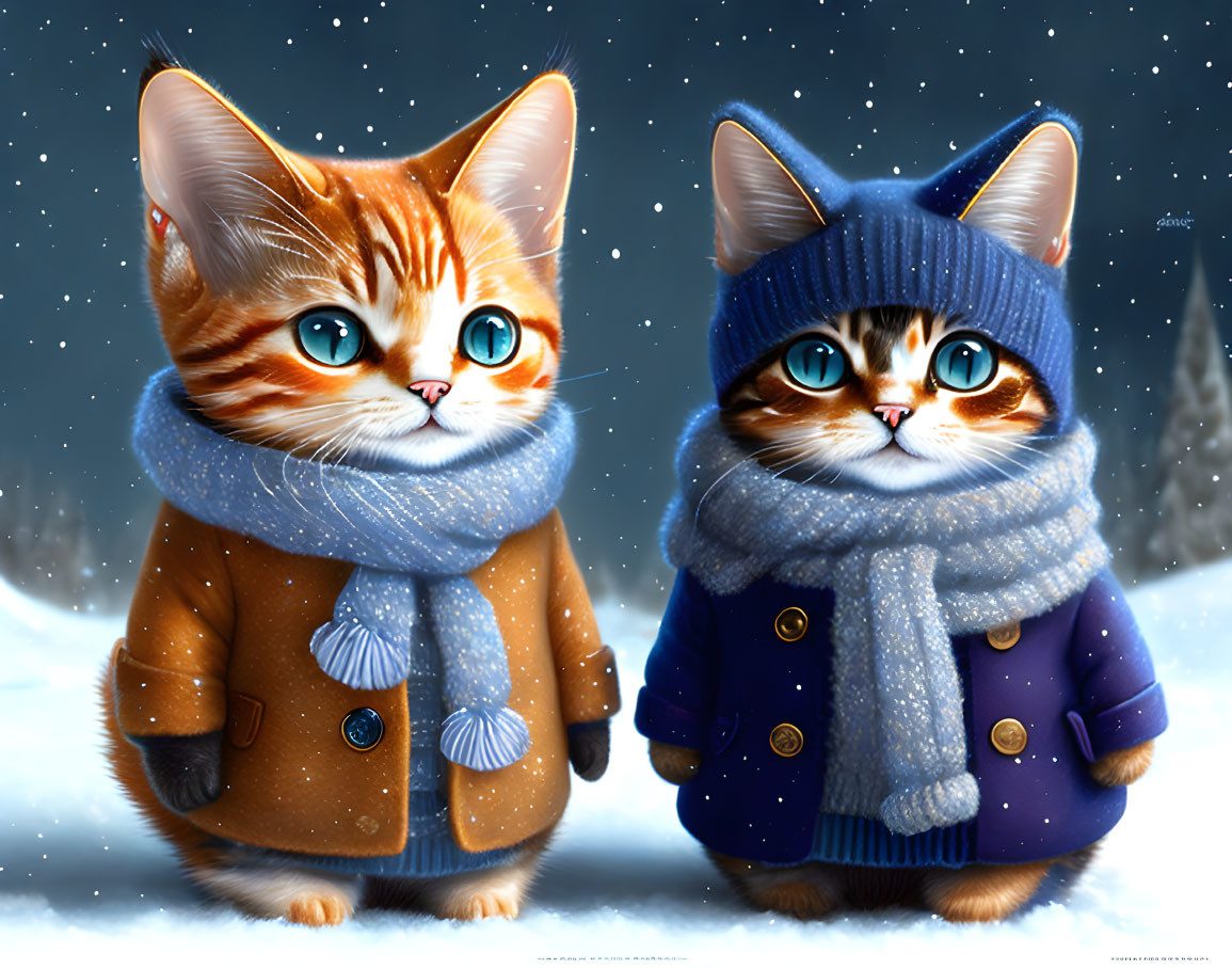 Illustrated Kittens in Winter Coats and Scarves on Snowy Background