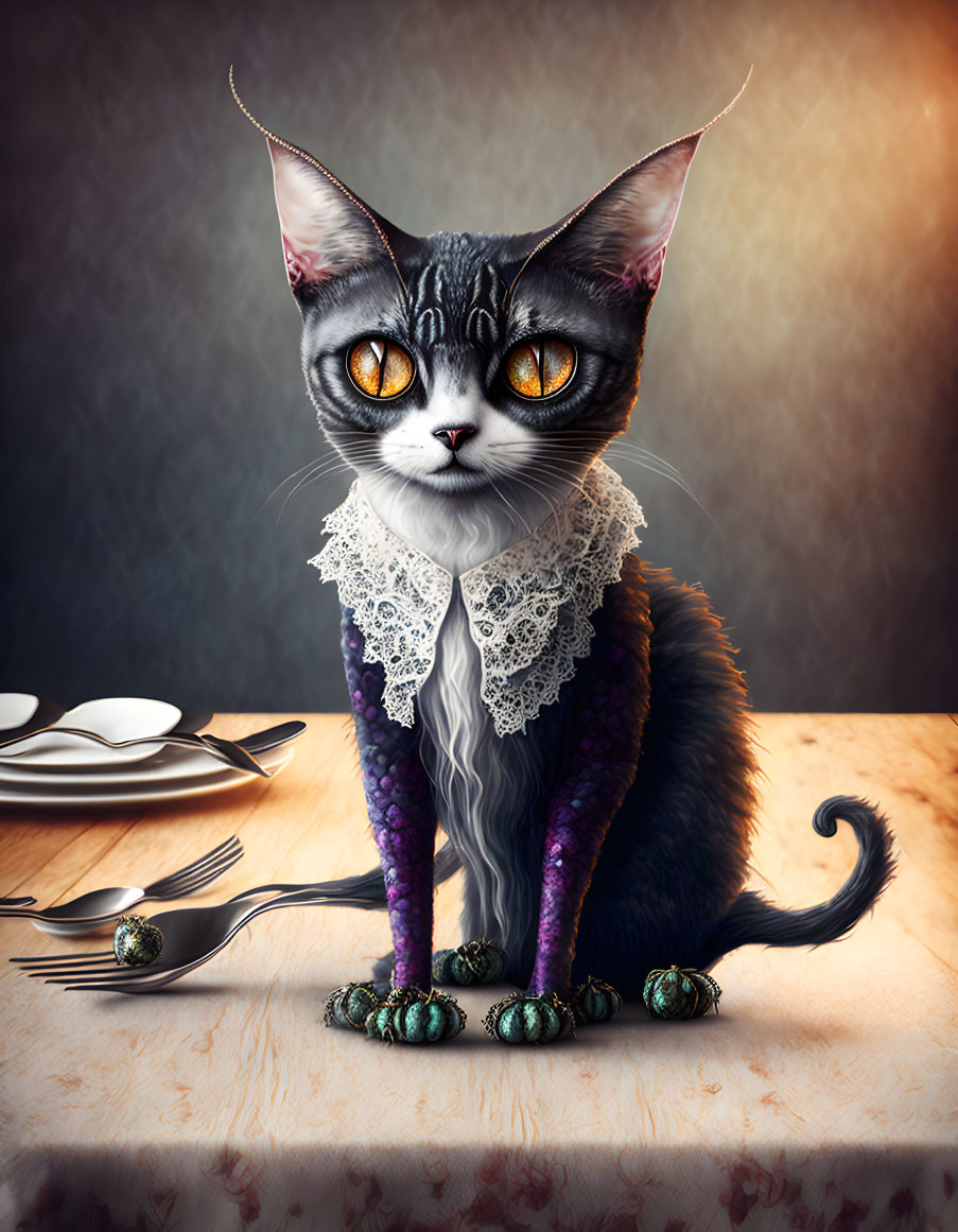 Anthropomorphic cat with orange eyes at dinner table