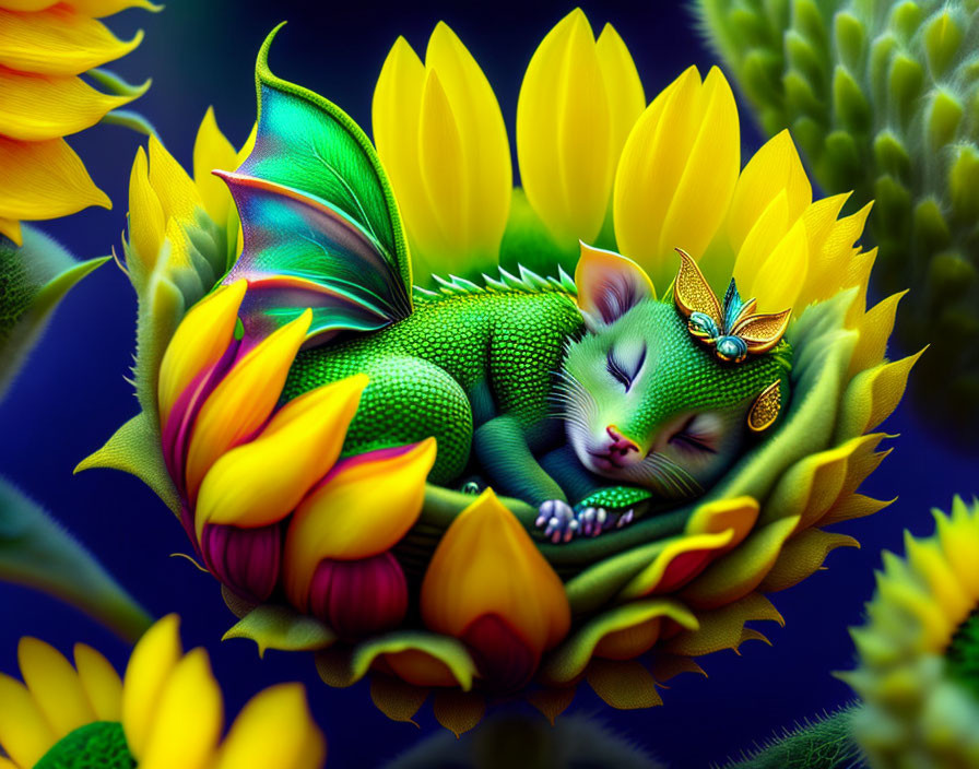 Green winged cat sleeping in vibrant sunflower amidst yellow petals