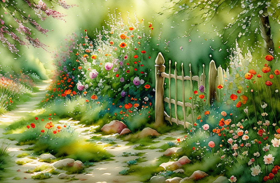 Colorful watercolor painting of lush garden with flowers and wooden gate