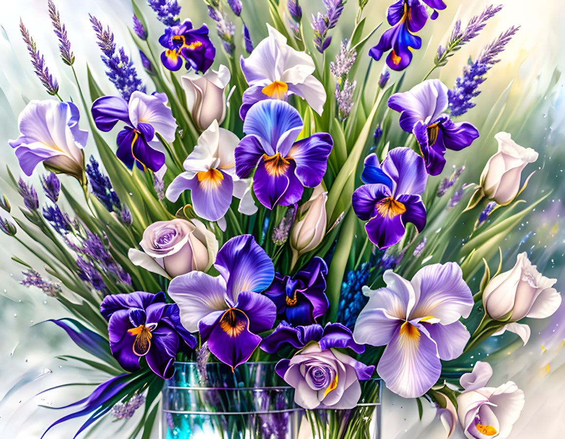 Purple and White Flower Bouquet with Irises and Roses in Clear Vase