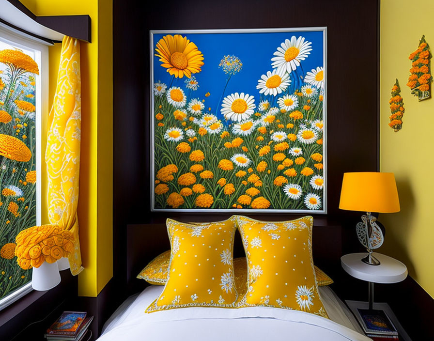 Colorful Bedroom Decor with Floral Painting and Yellow Accents