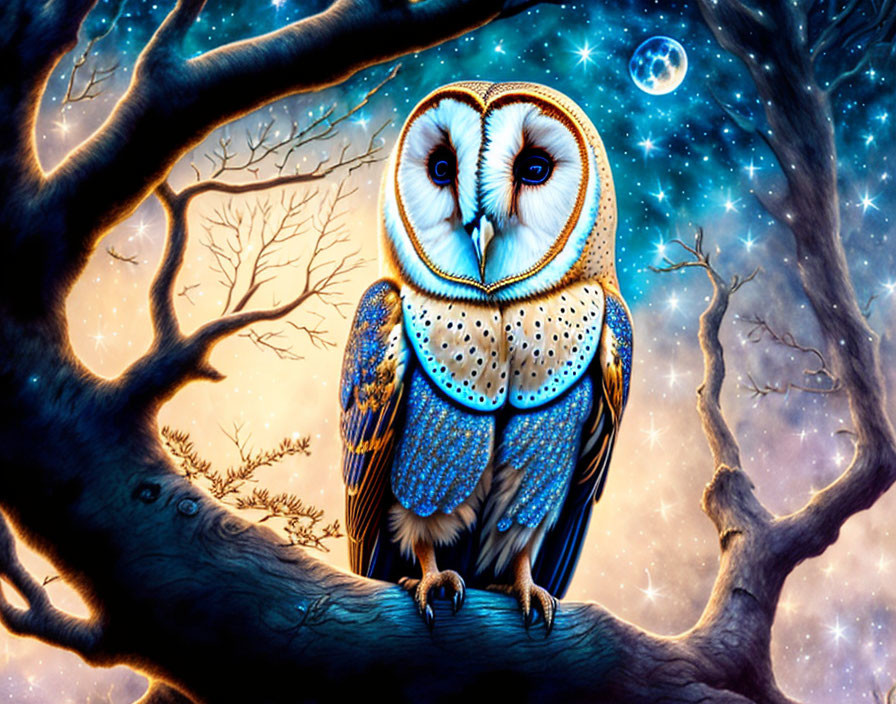 Colorful owl artwork on branch under night sky