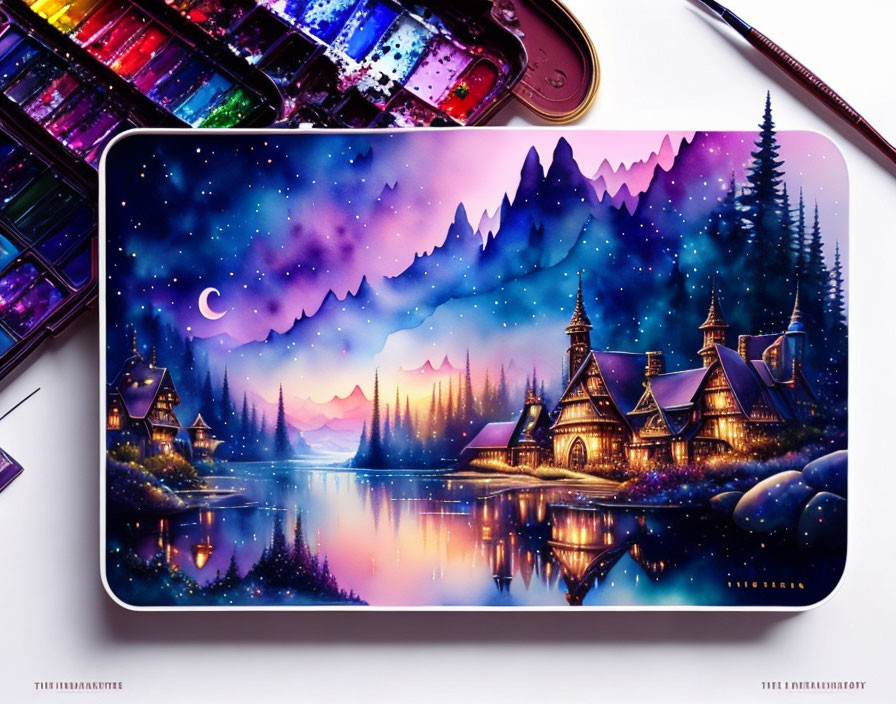 Fantasy landscape with starry skies on laptop cover