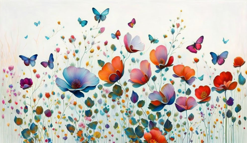 Colorful Flowers and Butterflies on White Background