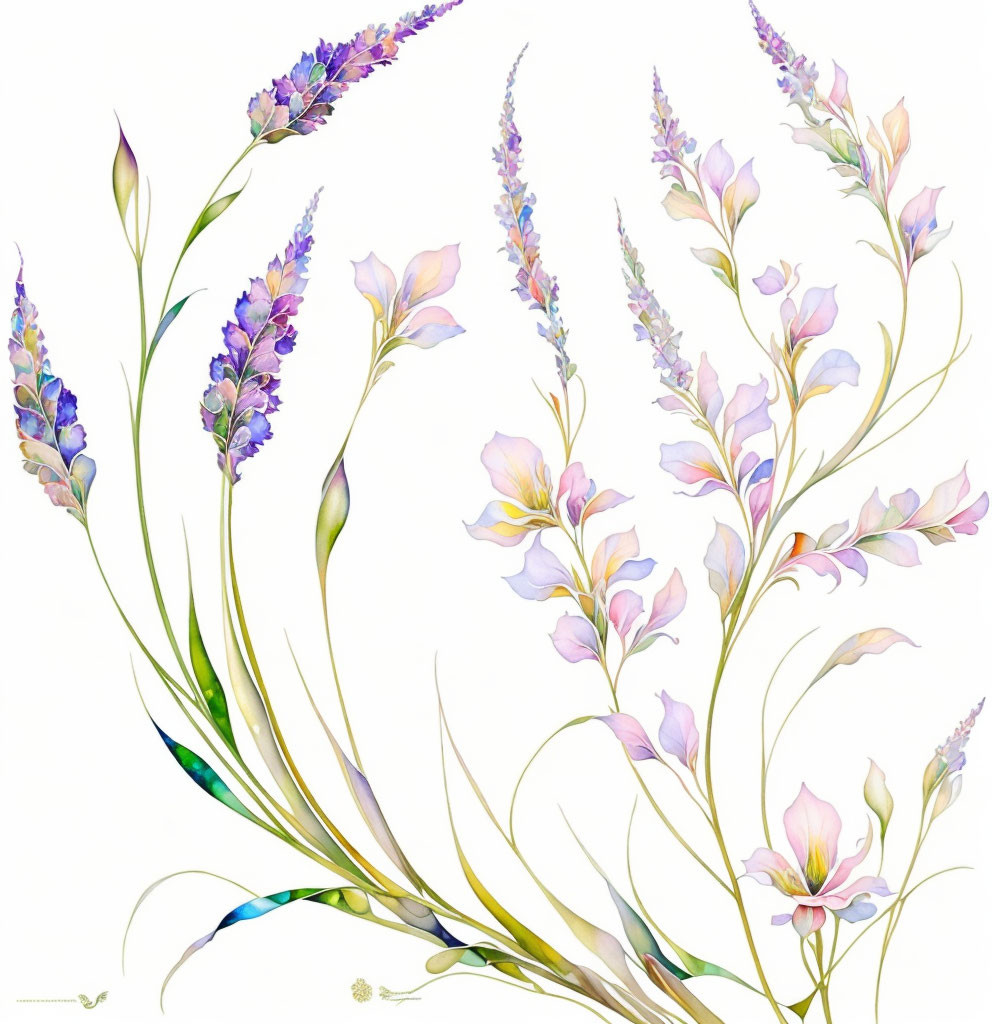 Delicate stylized flowers and foliage in soft purple and pink on white.