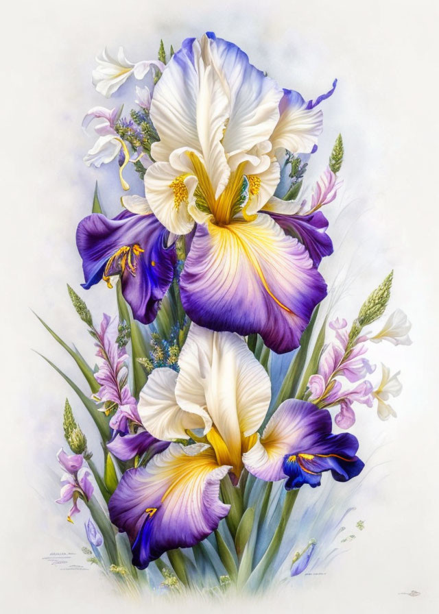 Detailed Blue and White Iris Painting with Floral Accents