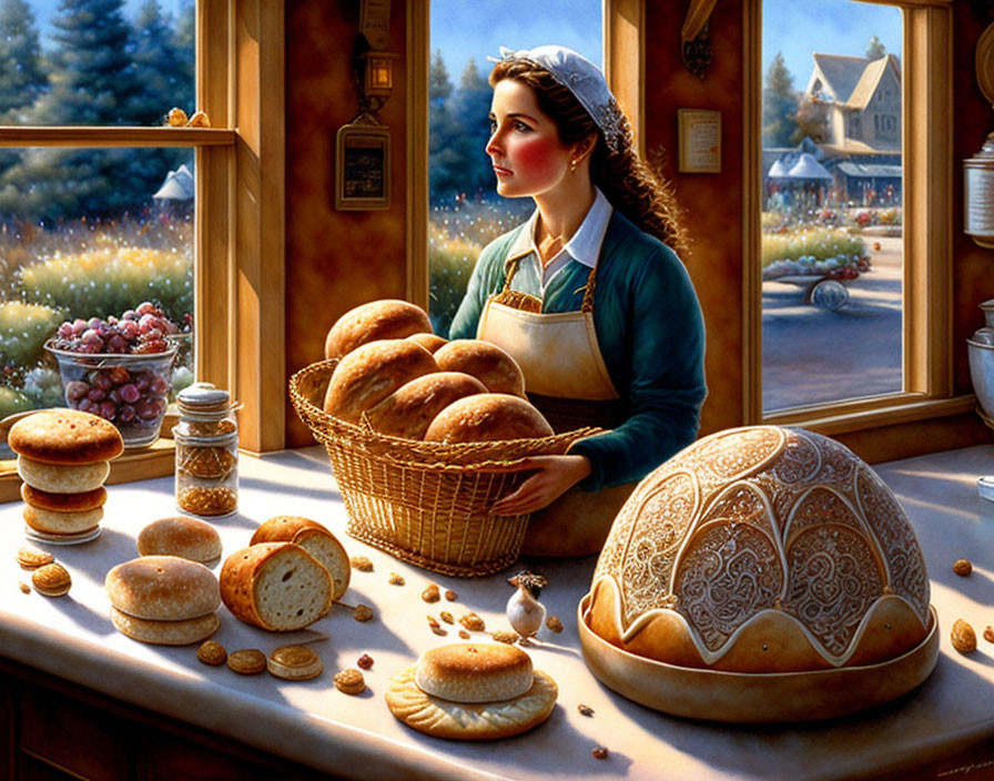 Woman in apron with bread basket and baked goods on table, quaint street view.