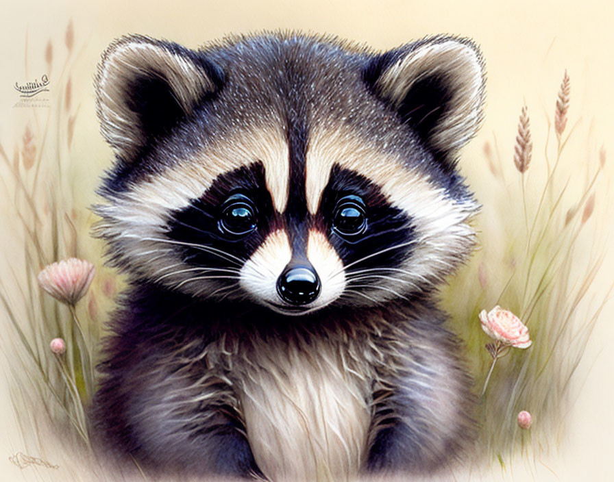 Detailed illustration: Raccoon with black facial markings in grass and wildflowers