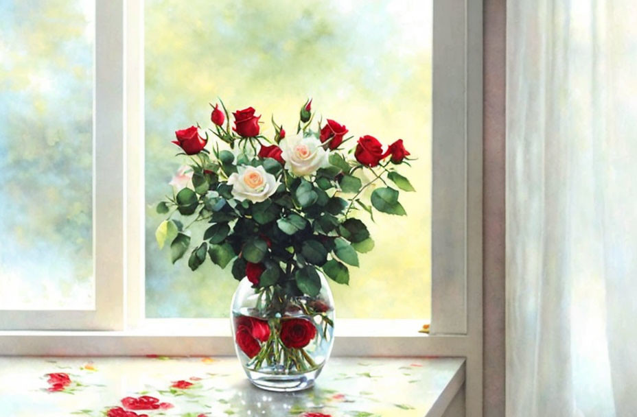 Still life painting: glass vase, red and white roses, sunlit windowsill