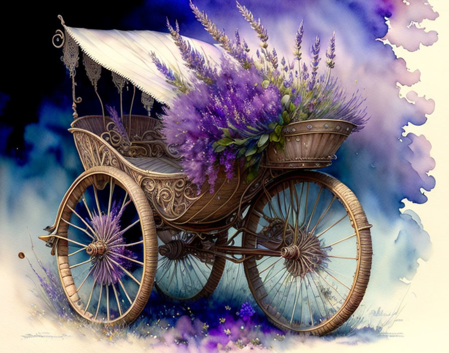 Vintage Carriage Overflowing with Purple Flowers on Whimsical Watercolor Background