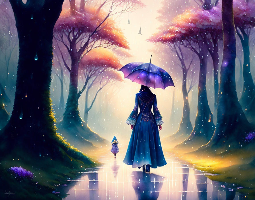 Person in Blue Dress Walking on Reflective Path in Enchanted Forest