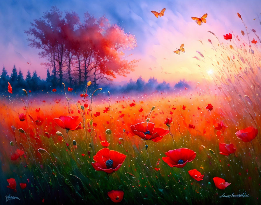 Colorful poppy field painting at sunset with pink and blue sky and butterflies.