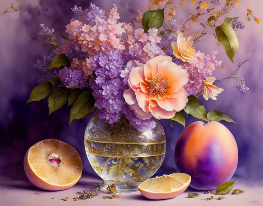 Lilac flowers, orange, peach in glass vase on purple backdrop