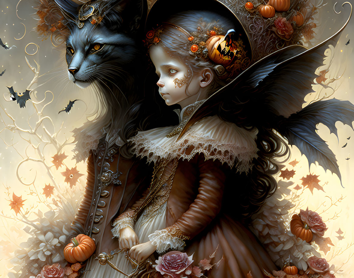 Fantasy illustration of girl with cat features and autumnal elements