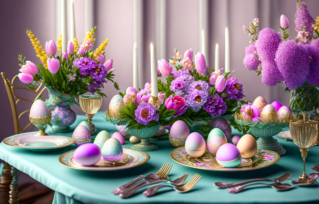 Pastel Easter Table Setting with Eggs, Flowers, Candles & Dinnerware