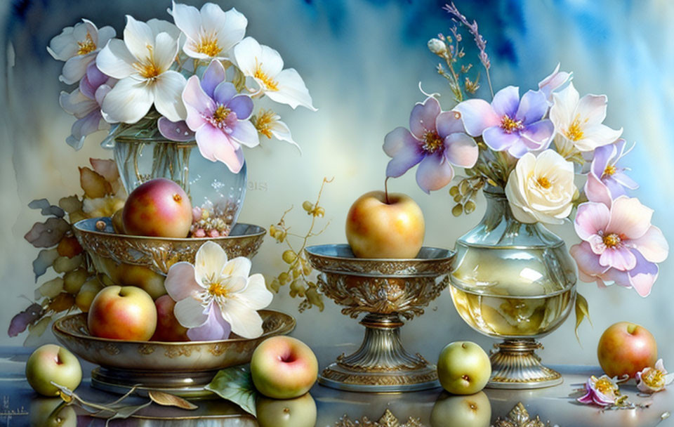 Ornate dish still life painting with apples and diverse flowers on soft blue background