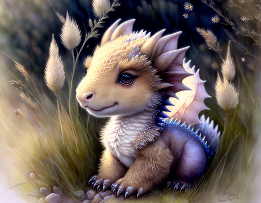 Yellow-scaled baby dragon in grass with blue spikes