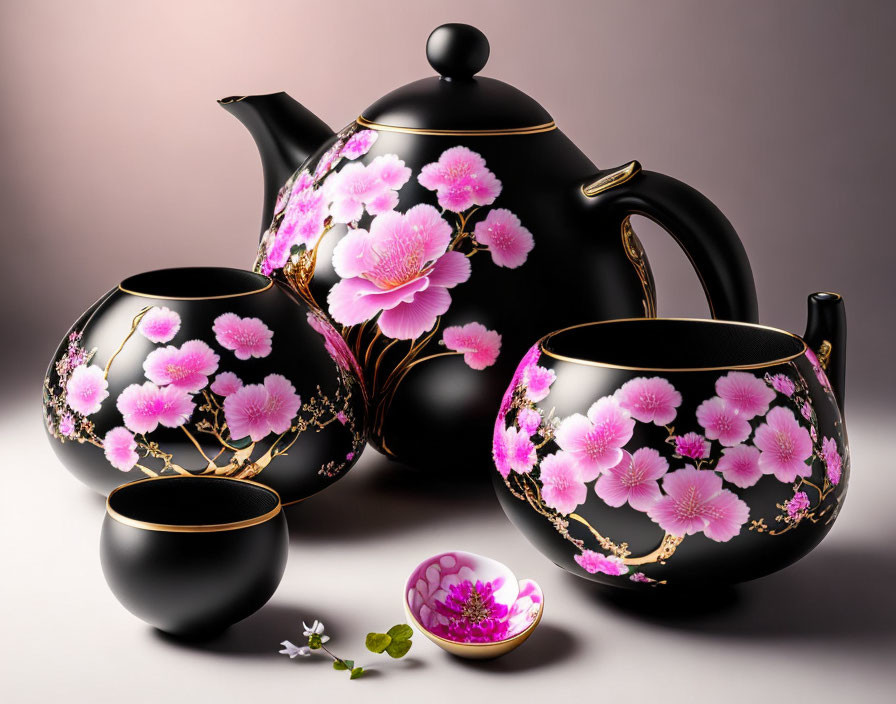 Black Tea Set with Pink Floral Design and Gold Accents on Gradient Background