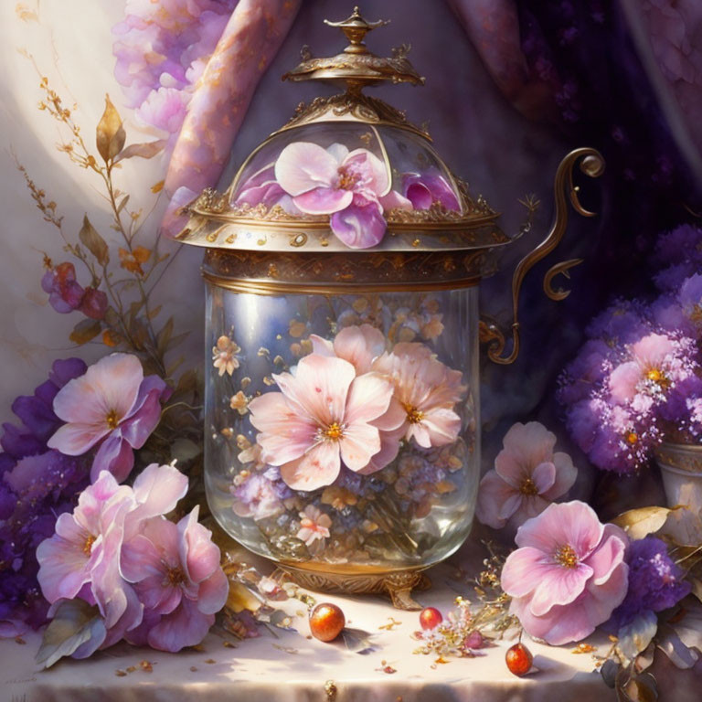 Glass Jar with Golden Embellishments and Pink Flowers Among Blooming Flora