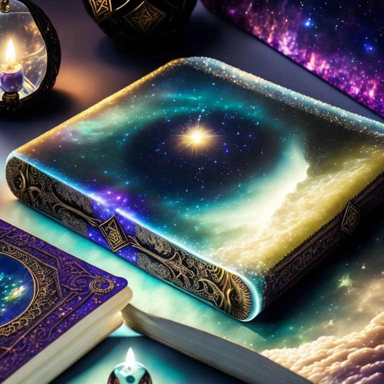 Mystical book with starry night cosmos cover in galaxy-themed setting