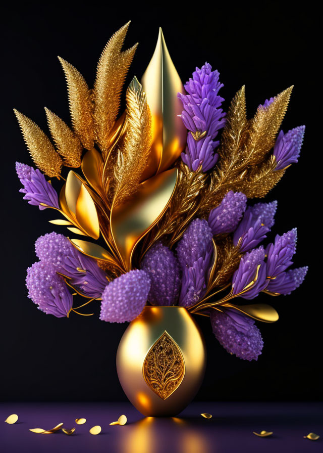 Luxurious Golden Leaves and Purple Flowers on Dark Background