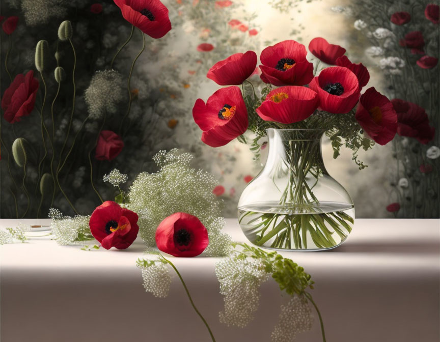 Red Poppies and Baby's Breath in Vase on Table with Garden Background