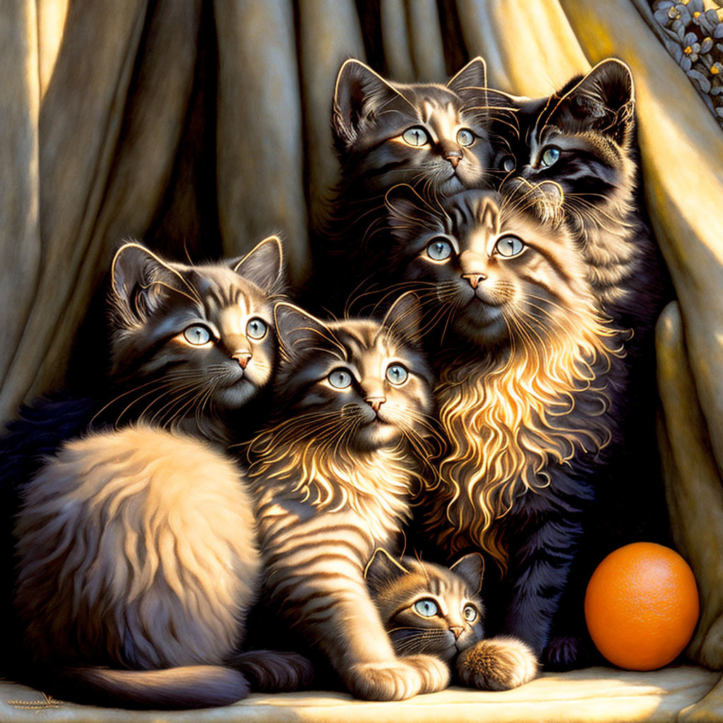 Six Fluffy Kittens with Blue Eyes on Golden Background with Orange