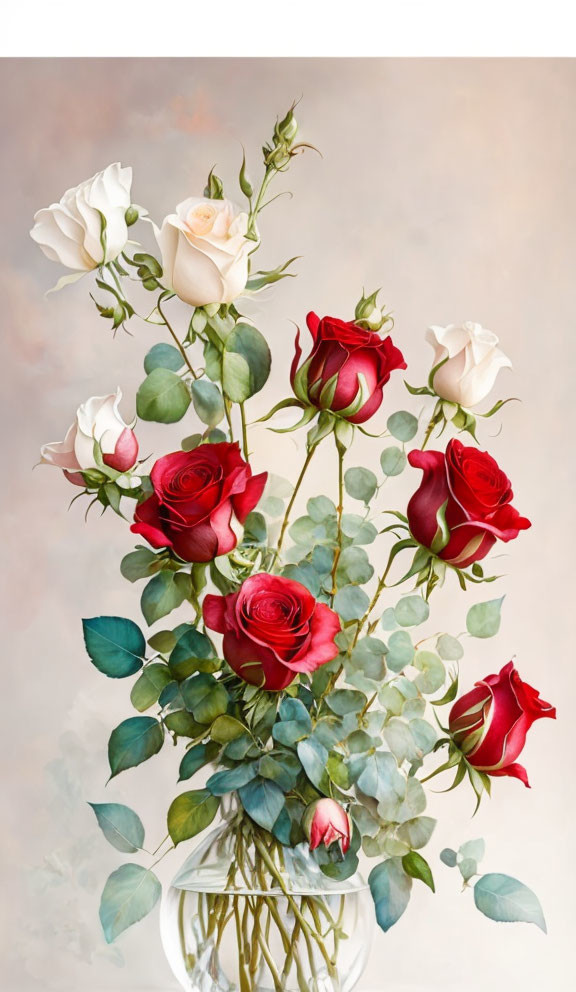 Red and White Roses Bouquet in Glass Vase on Textured Background