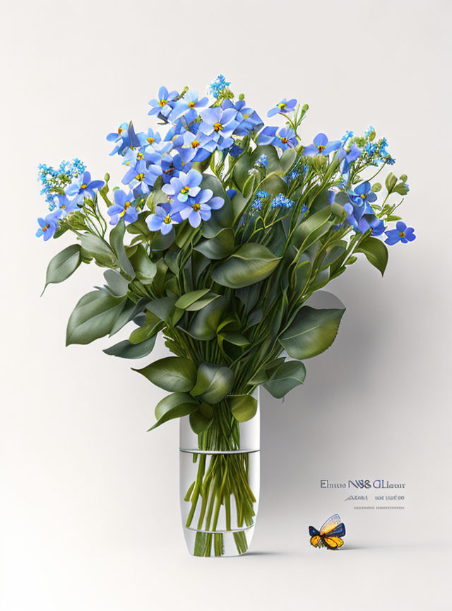 Blue Flowers Bouquet with Butterfly in White Vase