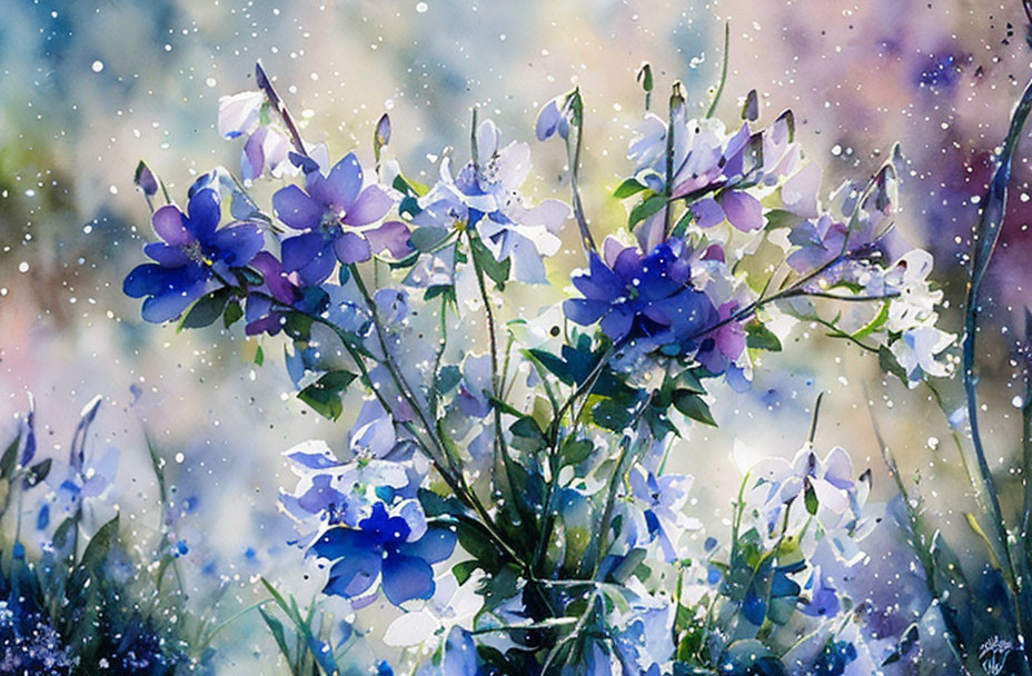 Purple bell-shaped flowers watercolor painting with green foliage on bokeh background.