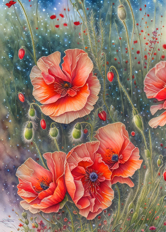 Red poppies in starry night garden with greenery.