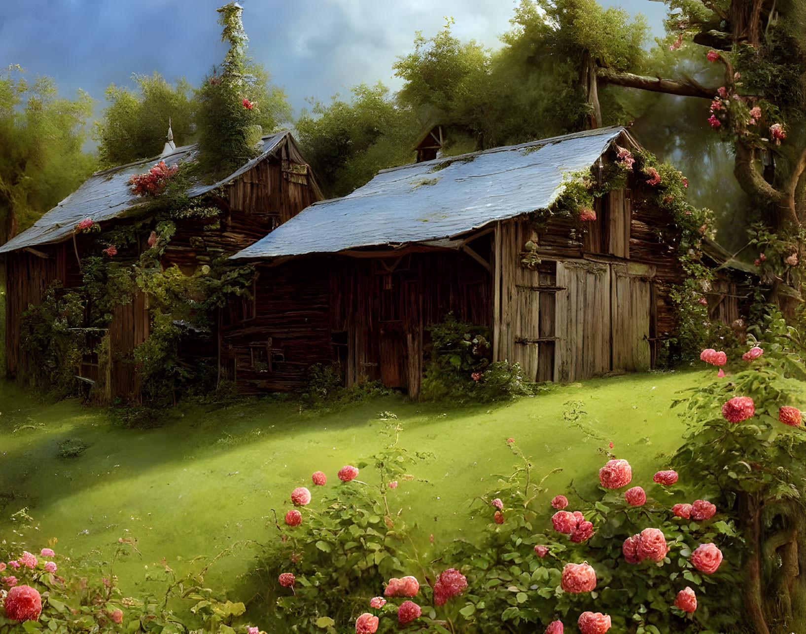 Charming wooden cottages with blue roofs in lush greenery and pink roses