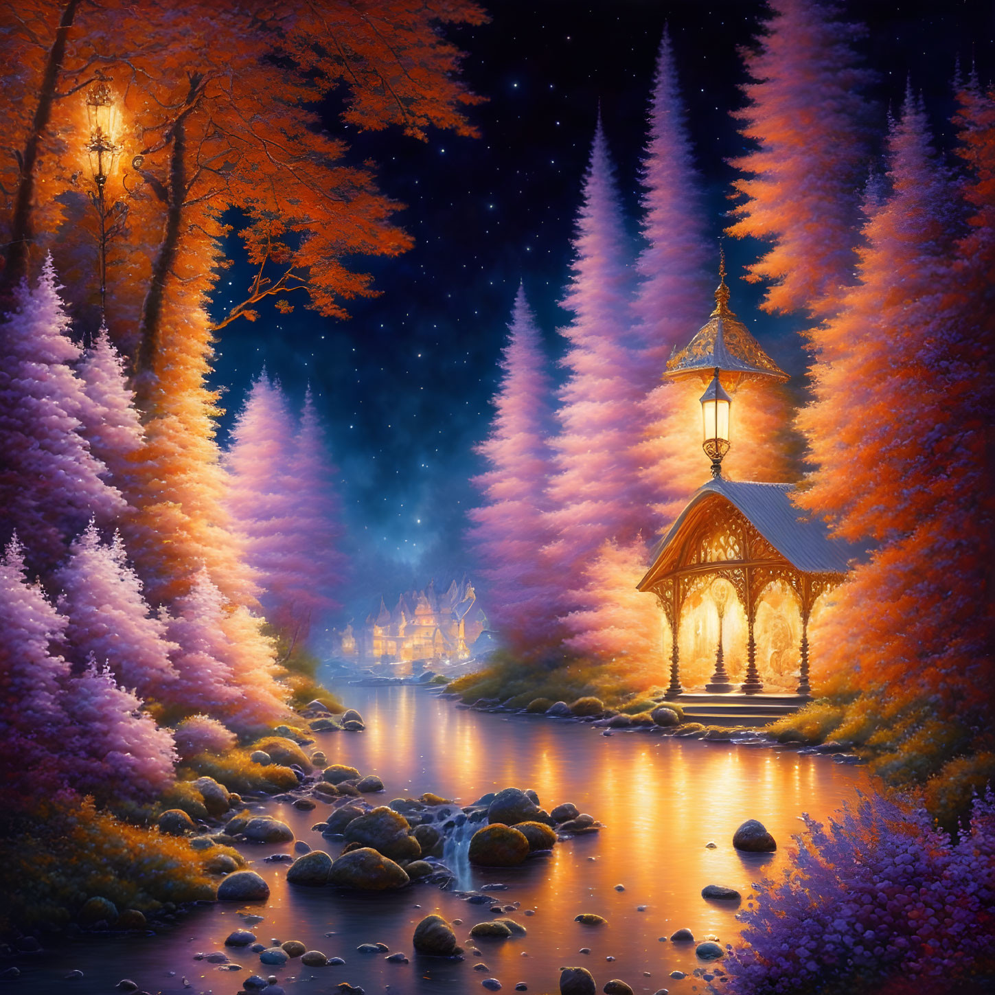 Tranquil night scene: illuminated gazebo, river, colorful foliage, starry sky