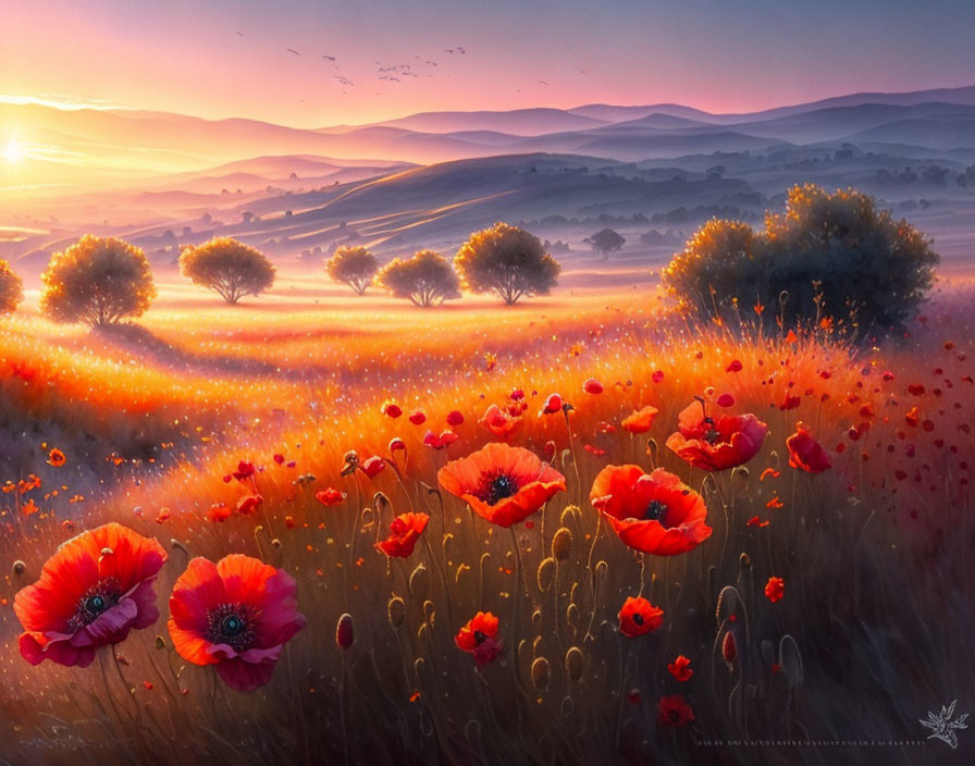 Vibrant red poppies in blooming sunrise scene