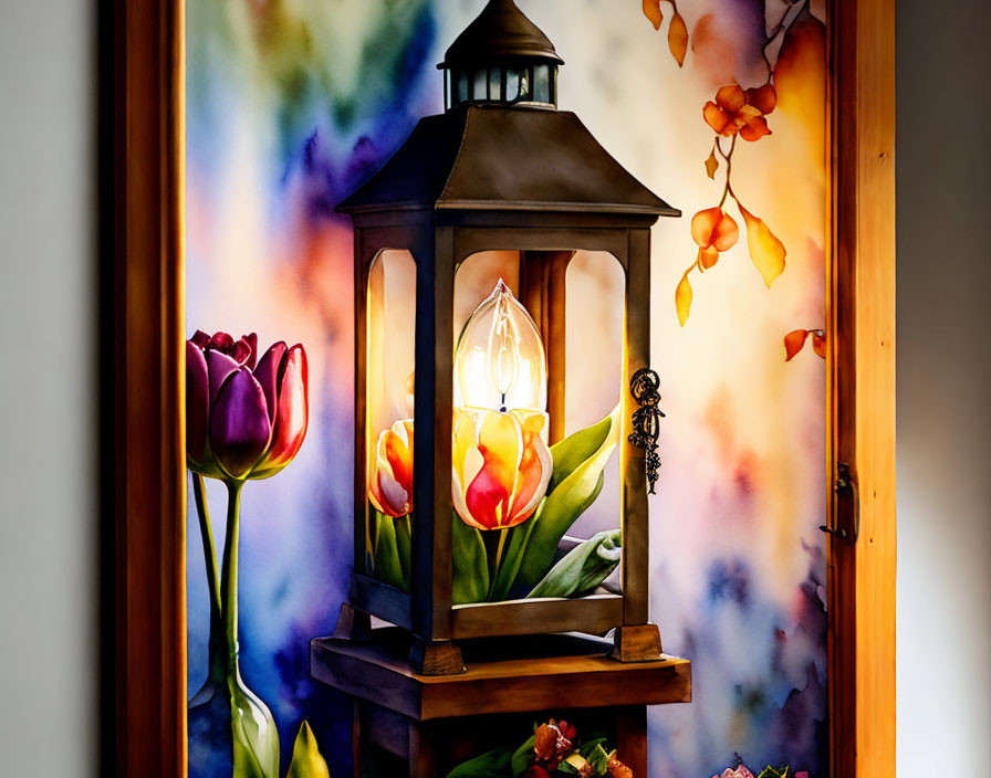 Colorful tulips frame ornate lantern with lit bulb on wooden stand