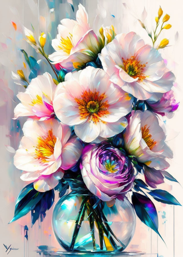 Colorful bouquet of white, pink, and purple flowers in clear glass vase on pastel background